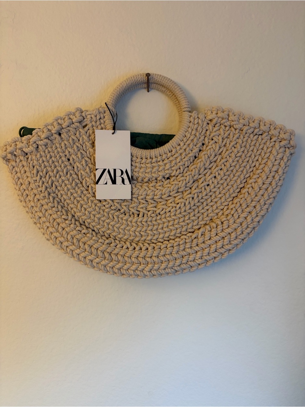 ZARA Beige Woven Half-Moon Tote with Round Handles